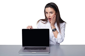 Image showing Business woman showing black laptop screen