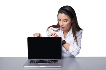 Image showing Business woman showing black laptop screen