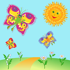 Image showing Fairy Butterflies and Sun over meadow