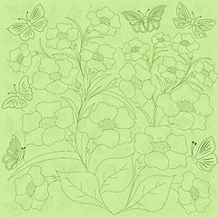 Image showing Flowers and butterflies green background
