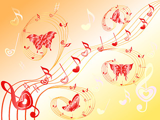 Image showing Musical notes on stave with hearts and butterflies