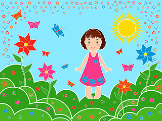 Image showing Small girl on the meadows in sunny summer day