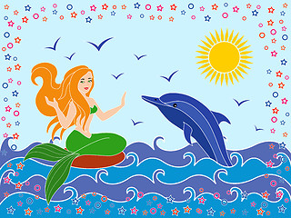 Image showing Dolphin and Mermaid in the sea waves