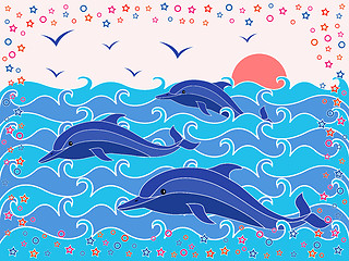 Image showing Three Dolphins in the sea waves