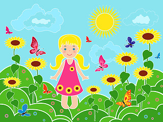 Image showing Small girl on the field among sunflowers