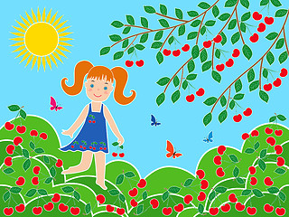 Image showing Small girl near cherry tree in sunny summer day