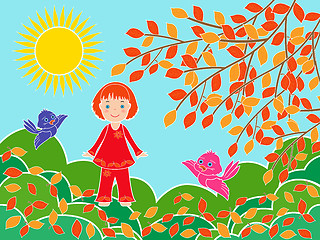 Image showing Small girl near tree in sunny autumn day