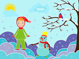 Image showing Small girl with snowman among snowdrifts