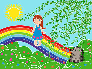 Image showing Small girl on the rainbow in sunny summer day