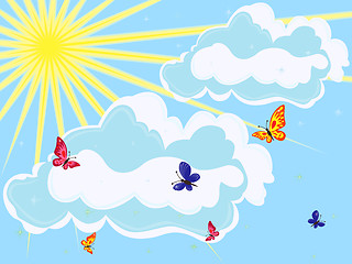 Image showing Sky with sun, clouds and butterflies