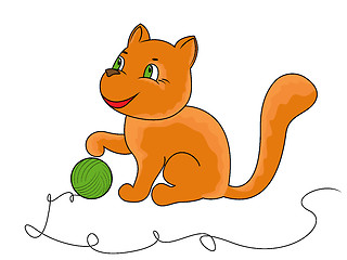 Image showing Little funny cat plays with a ball of yarn