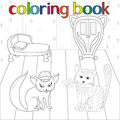 Image showing Cat and pussy in room for coloring book