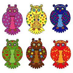 Image showing Set of six stylized owls