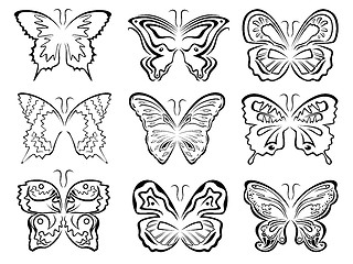 Image showing Set of six black butterflies contours over white