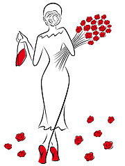 Image showing Lady with a bouquet of red roses goes away