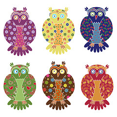Image showing Set of six colourful funny owls over white