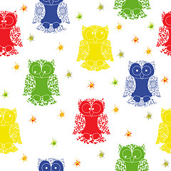 Image showing Different colour owl and stars seamless pattern