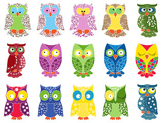 Image showing Set of fifteen colourful owls