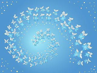 Image showing Spiral of flying butterflies on a blue
