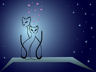 Image showing Enamoured cats against dark blue night sky