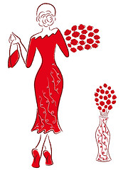 Image showing Lady in long red gown with red roses goes away