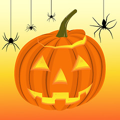 Image showing Halloween pumpkin and black spiders on the web