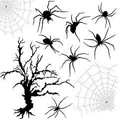 Image showing Halloween set of spiders, nettings and dried tree