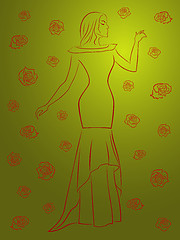 Image showing Stylish woman in a long dress among roses over green