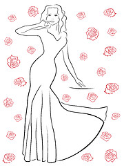 Image showing Nice woman in a long dress among roses