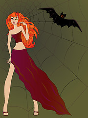 Image showing Halloween girl with cat eyes against large cobweb