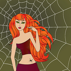 Image showing Halloween girl with green cat eyes against large cobweb