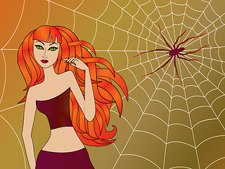 Image showing Halloween girl against large cobweb with big spider