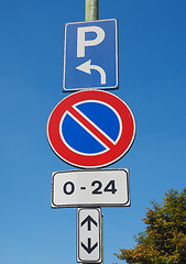 Image showing No parking sign over blue sky