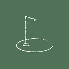 Image showing Golf hole with a flag icon drawn in chalk.