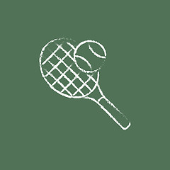 Image showing Tennis racket and ball icon drawn in chalk.