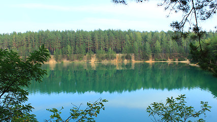 Image showing landscape with picturesque lake in the pine forest
