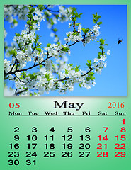 Image showing calendar for May 2016 with blooming cherry tree
