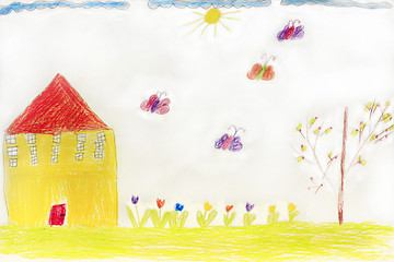 Image showing Children's drawing with house butterflies and flowers