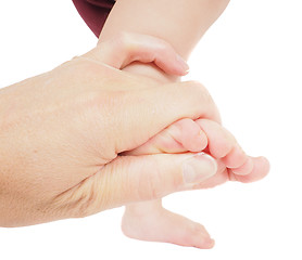 Image showing Male hand holding firmly around a foot of toddler in air isolate