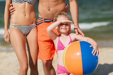 Image showing close up of family with inflatable ball on beach