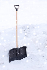 Image showing black snowshowel with wooden handle in snow pile