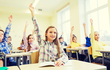 Image showing group of school kids raising hands in classroom