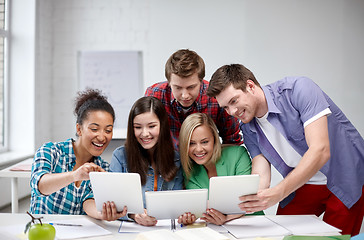 Image showing group of happy high school students with tablet pc