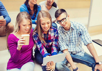 Image showing group of students with tablet pc and coffee cup