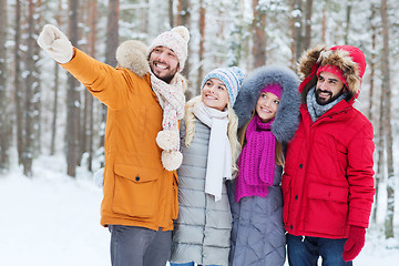 Image showing group of smiling men and women in winter forest