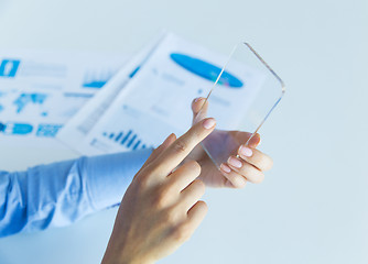 Image showing close up of woman with transparent smartphone