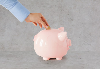 Image showing close up of hand putting coin to piggy bank