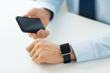 Image showing close up of hands with smart phone and watch