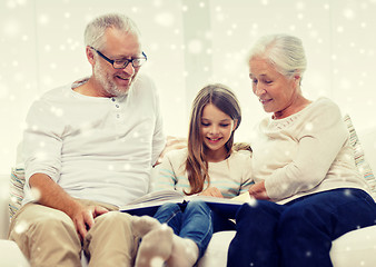 Image showing smiling family with book at home