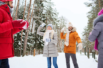 Image showing happy friends playing snowball in winter forest